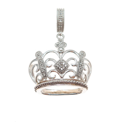 925 Sterling Silver Real Round-Cut Diamond Royal Crown Charm Pendant