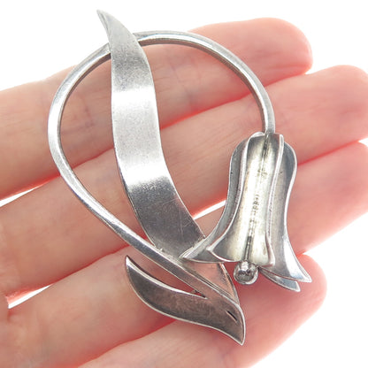 925 Sterling Silver Vintage Mexico Tulip Flower Modernist Oxidized Pin Brooch