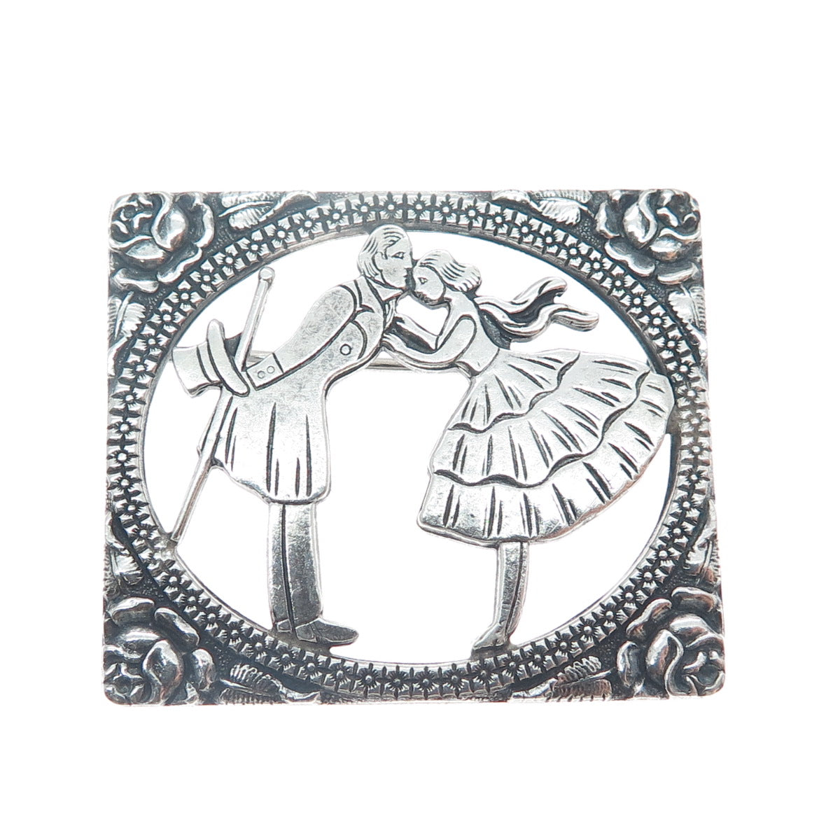 925 Sterling Silver Vintage Courting Couple Scene Floral Oxidized Pin Brooch