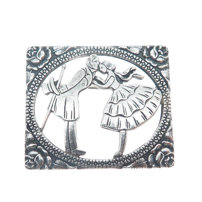 925 Sterling Silver Vintage Courting Couple Scene Floral Oxidized Pin Brooch