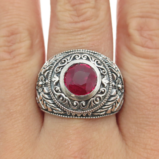 925 Sterling Silver Vintage Real Ruby Floral Solid 19.1g. Ring Size 10.25