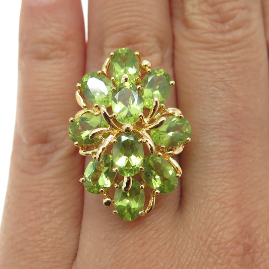 925 Sterling Silver Gold Plated Real Peridot Gemstone Statement Ring Size 6.25