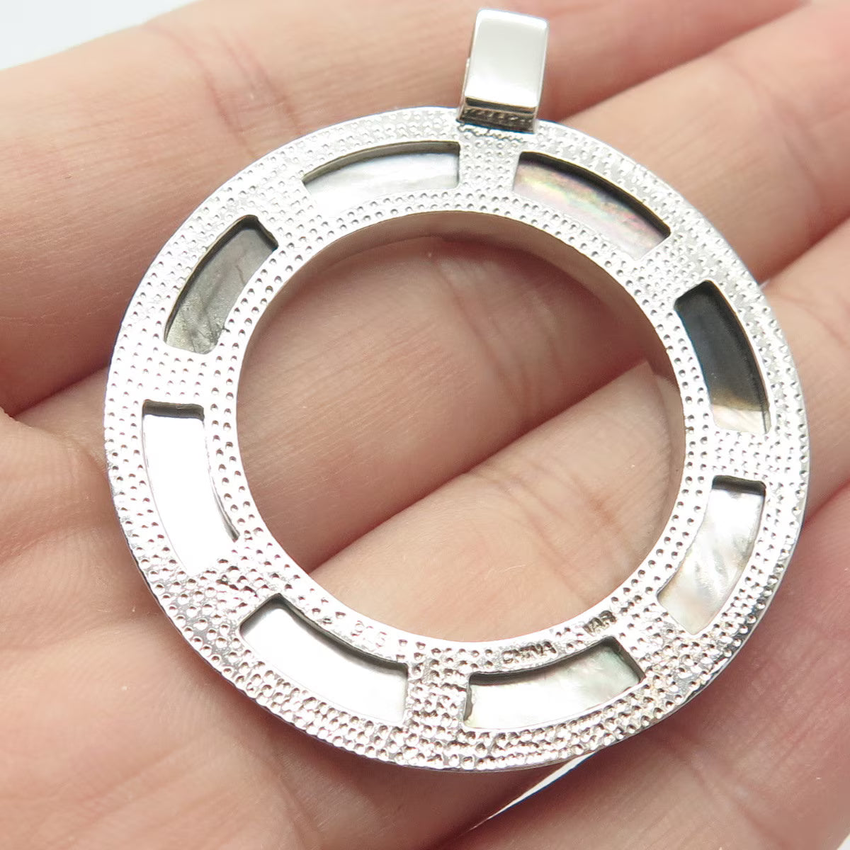 925 Sterling Silver Vintage VAR Real Abalone Shell Open Circle Pendant