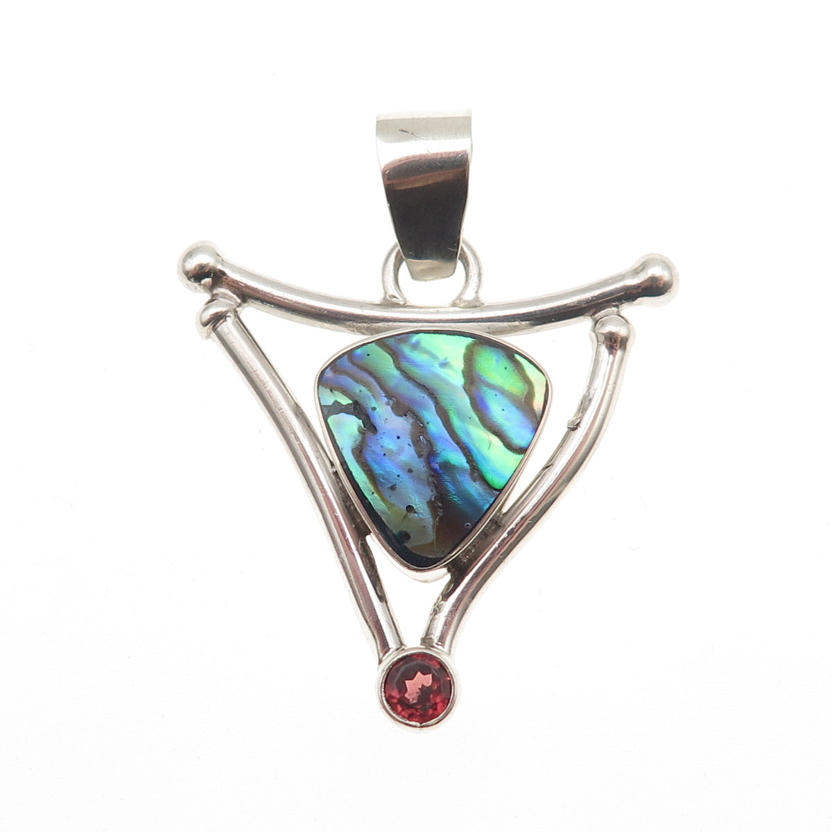925 Sterling Silver Vintage Real Abalone Shell & Red Garnet Modernist Pendant