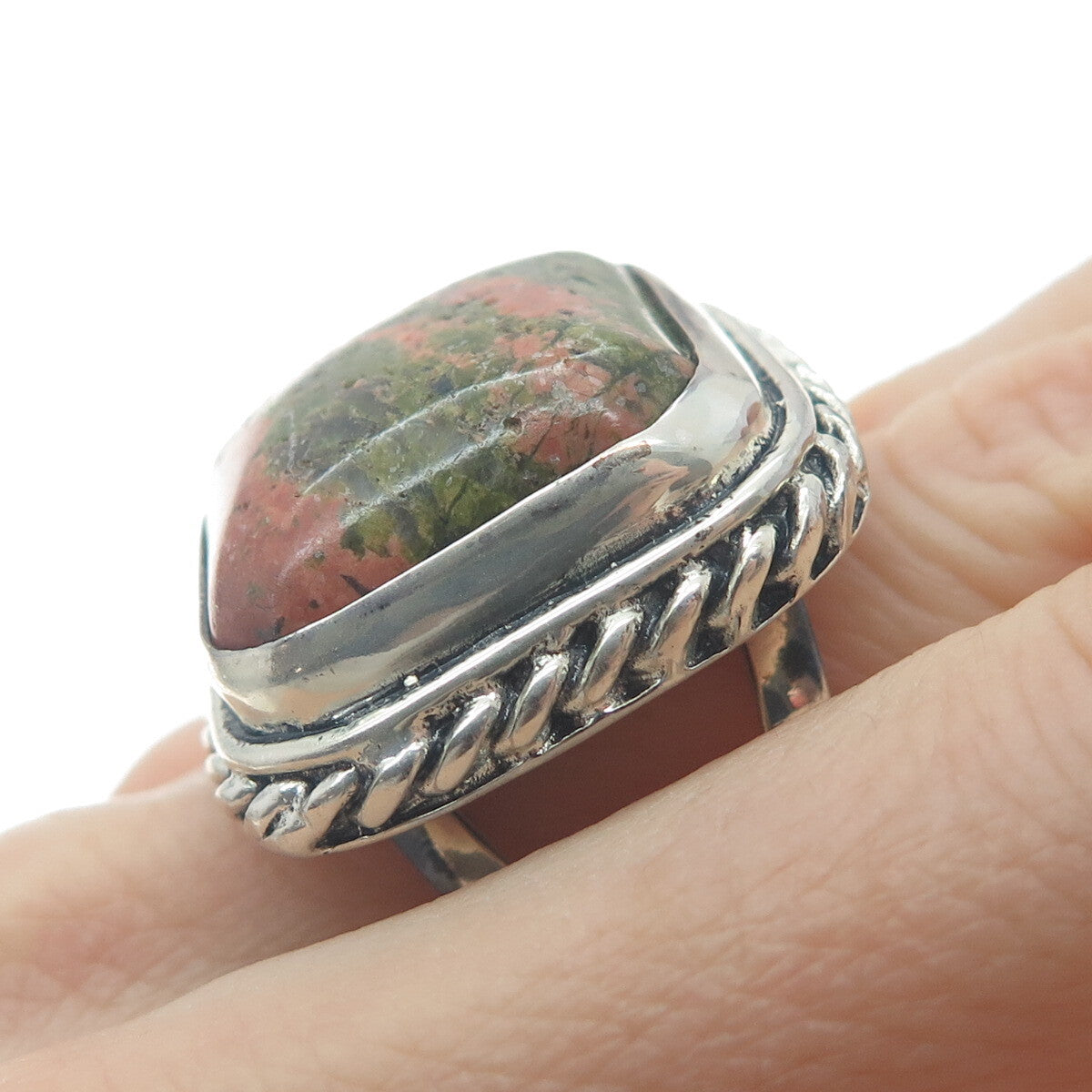 925 Sterling Silver Vintage Real Cushion-Cut Unakite Roped Ring Size 8.25