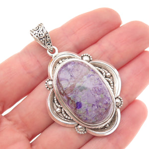 925 Sterling Silver Vintage Real Charoite Modernist Floral Oxidized Pendant