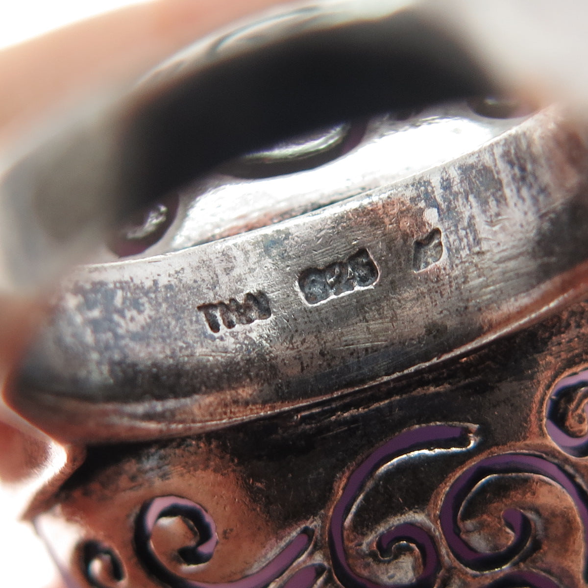 925 Sterling Silver Vintage Real Lavender Jade Black Onyx Statement Ring Size 7