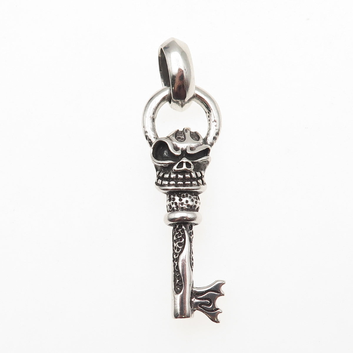 925 Sterling Silver Vintage Flaming Skeleton Key Oxidized Pendant