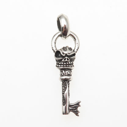 925 Sterling Silver Vintage Flaming Skeleton Key Oxidized Pendant
