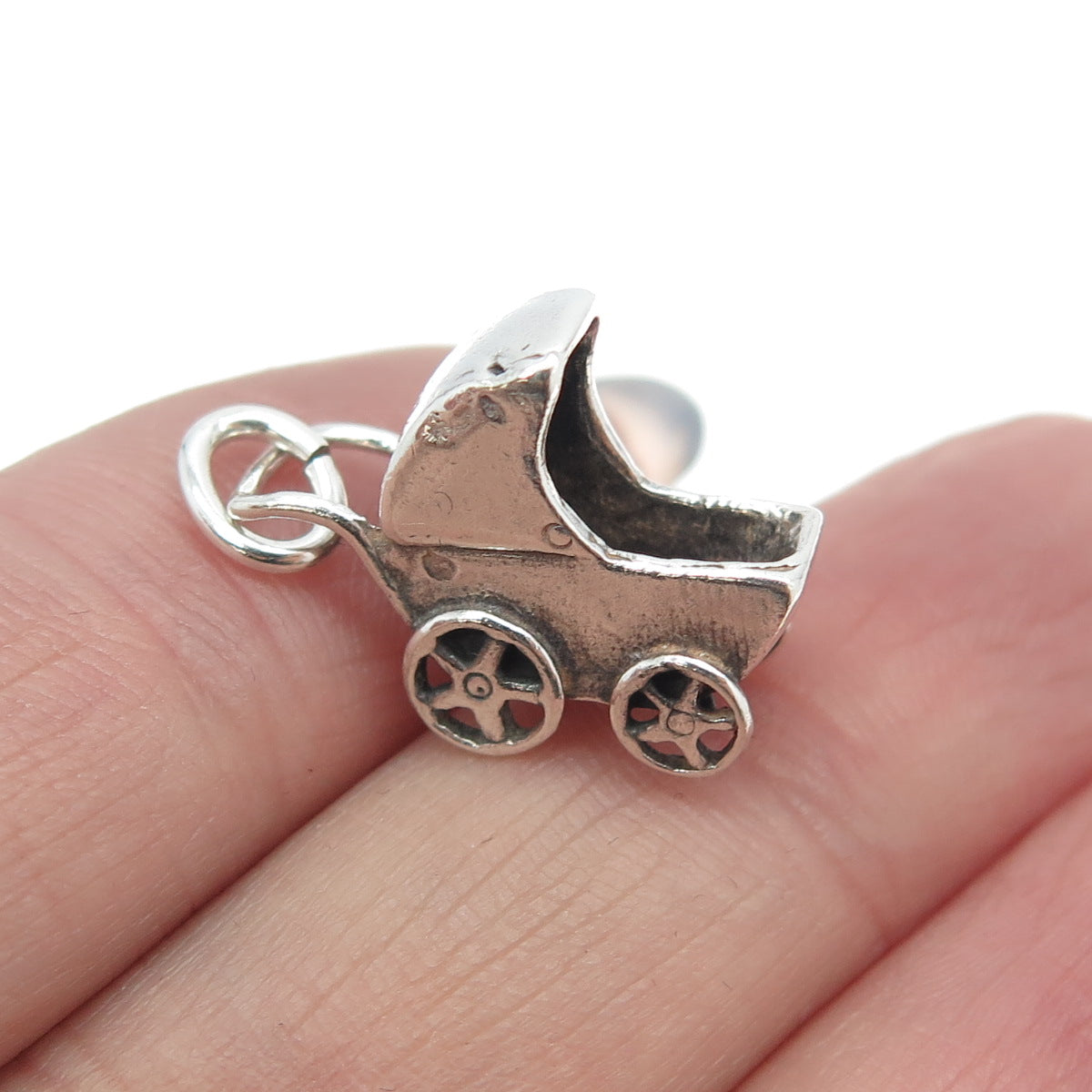 925 Sterling Silver Vintage Baby Carriage 3D Charm Pendant