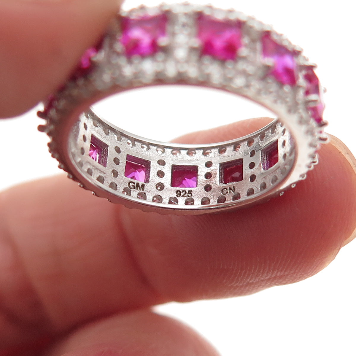 925 Sterling Silver Lab-Created Ruby & C Z Eternity Band Ring Size 5.5