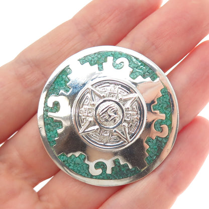 925 Sterling Silver Vintage Mexico Real Turquoise Inlay Mayan Sun Brooch Pendant