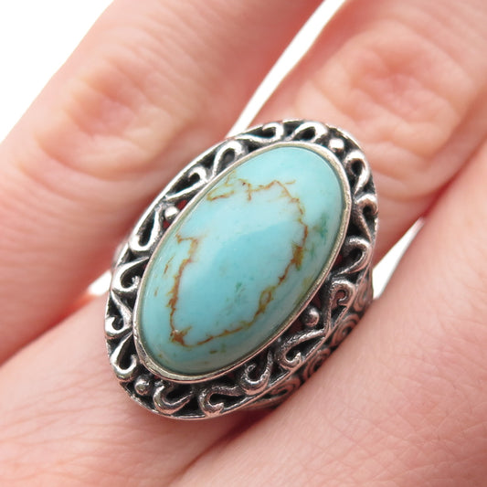 925 Sterling Silver Vintage Real Tyrone Turquoise Ornate Ring Size 6