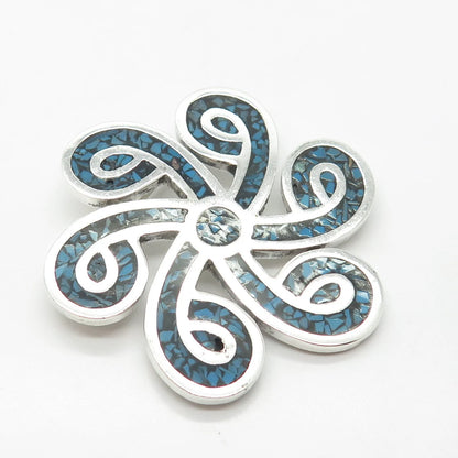 925 Sterling Silver Vintage Mexico Real Turquoise Gem Inlay Pin Brooch