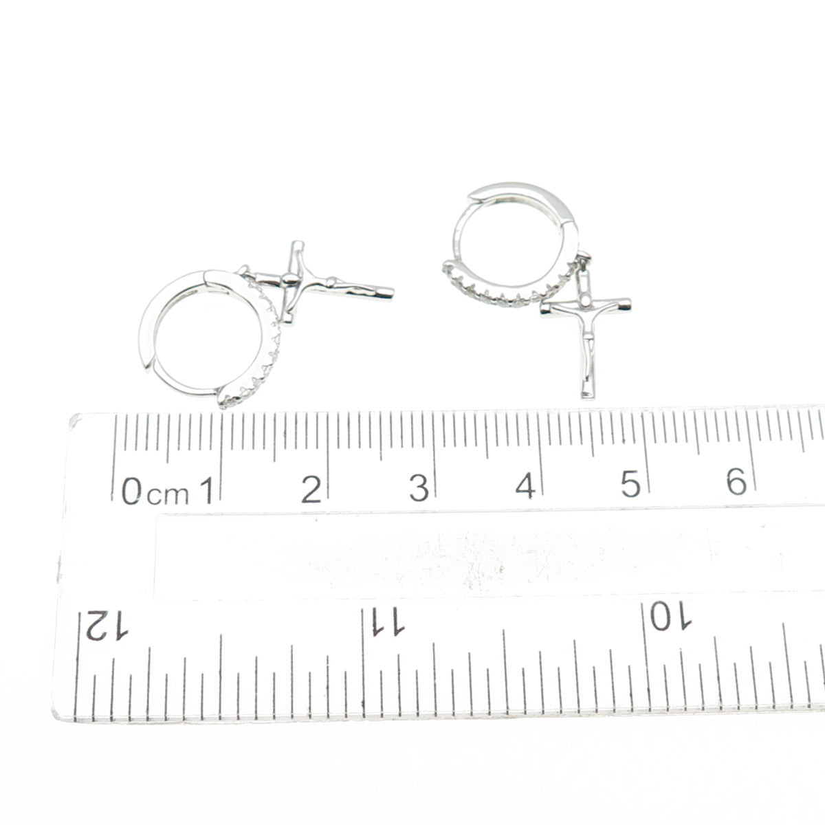 925 Sterling Silver Round-Cut C Z Crucifix Cross Dangle Hoop Earrings