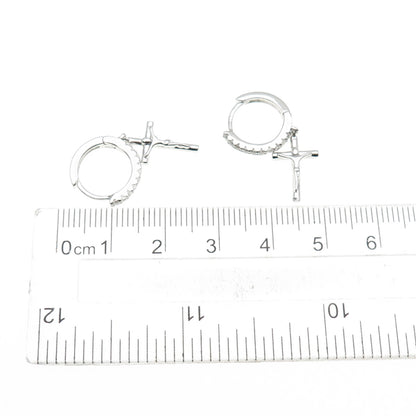 925 Sterling Silver Round-Cut C Z Crucifix Cross Dangle Hoop Earrings