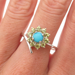 Chuck Clemency 925 Sterling Silver Real Turquoise Peridot Floral Ring Size 8.25