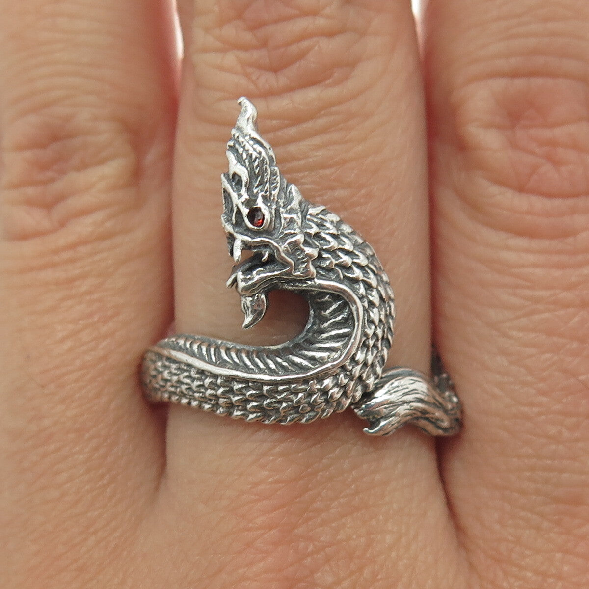 925 Sterling Silver Vintage Real Red Garnet Gemstone Dragon Ring Size 10