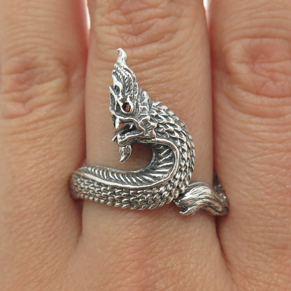 925 Sterling Silver Vintage Real Red Garnet Gemstone Dragon Ring Size 10