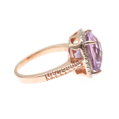 925 Sterling Silver Rose Gold Plated Real Diamond & Amethyst Ring Size 8