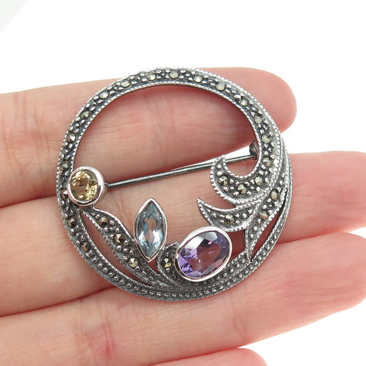 925 Sterling Silver Vintage Real Blue Topaz Amethyst Citrine & Marcasite Brooch