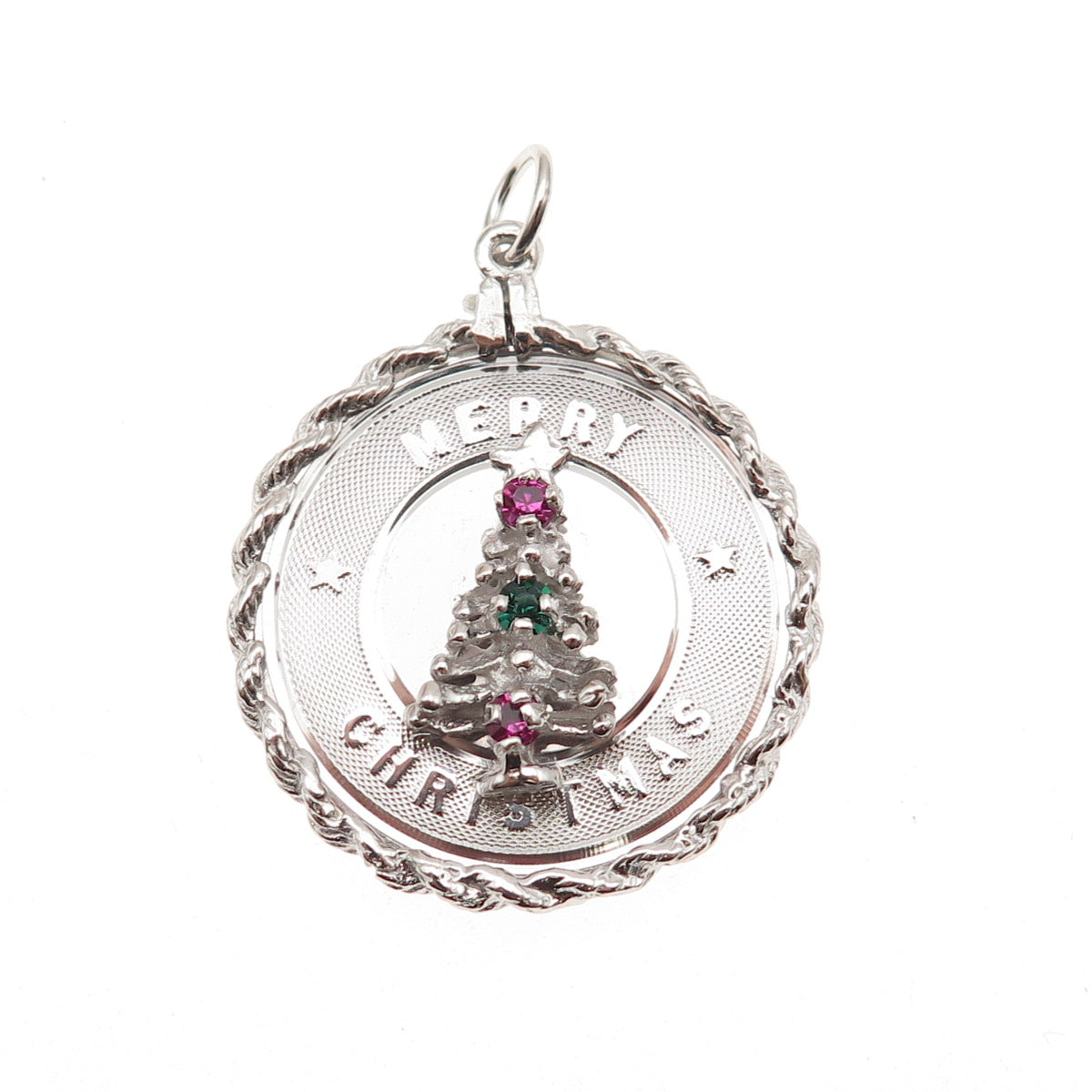925 Sterling Silver Vintage Rhinestone Merry Christmas Tree Charm Pendant