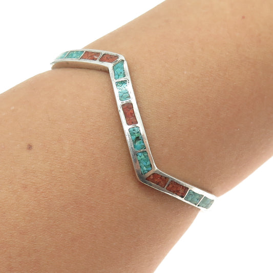 Old Pawn Sterling Silver Vintage Turquoise Coral & Inlay Adjustable Bracelet 6"