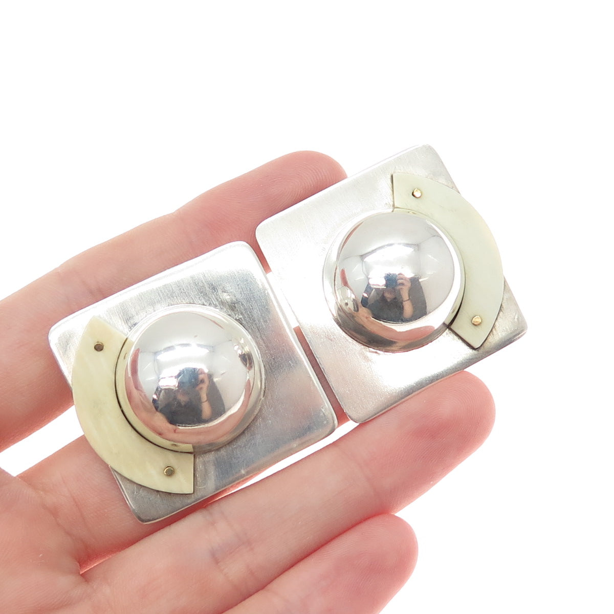 925 Sterling Silver & 14K Yellow Gold Vintage Modernist Clip On Earrings