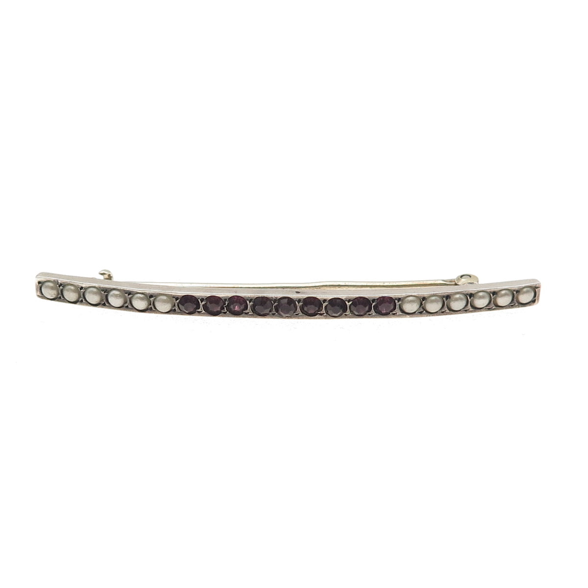 925 Sterling Silver Antique Art Deco Faux Pearl & Rhinestone Bar Pin Brooch