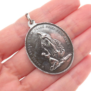 925 Sterling Silver Antique Art Deco St. Mary Religious Medal Oxidized Pendant