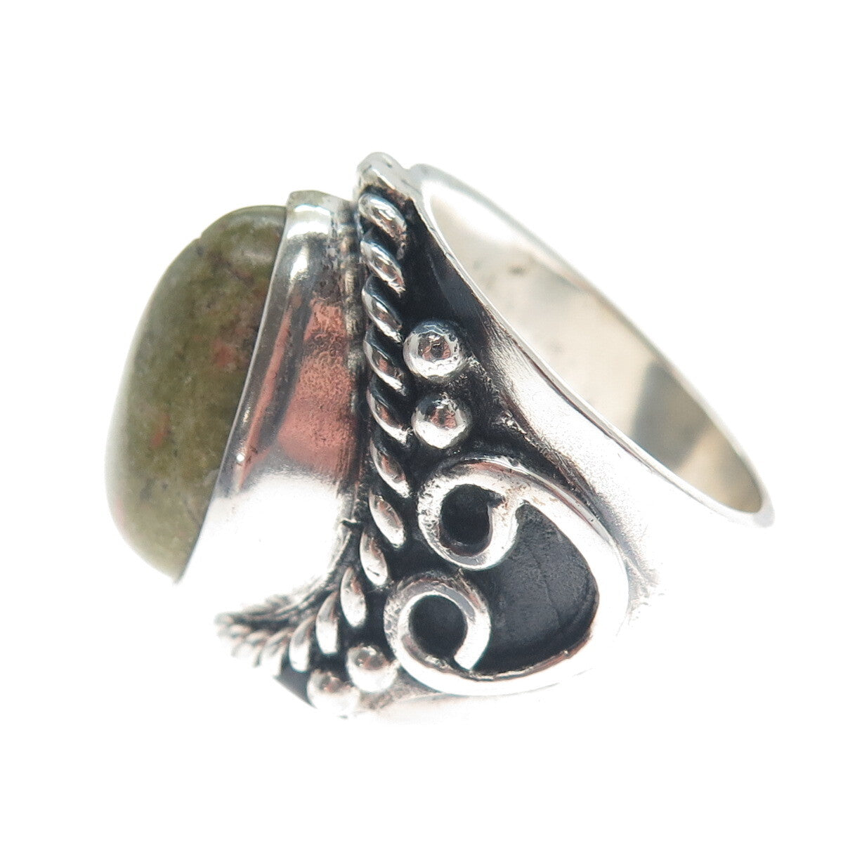 925 Sterling Silver Vintage Real Pear-Cut Unakite Heart Oxidized Ring Size 8.75