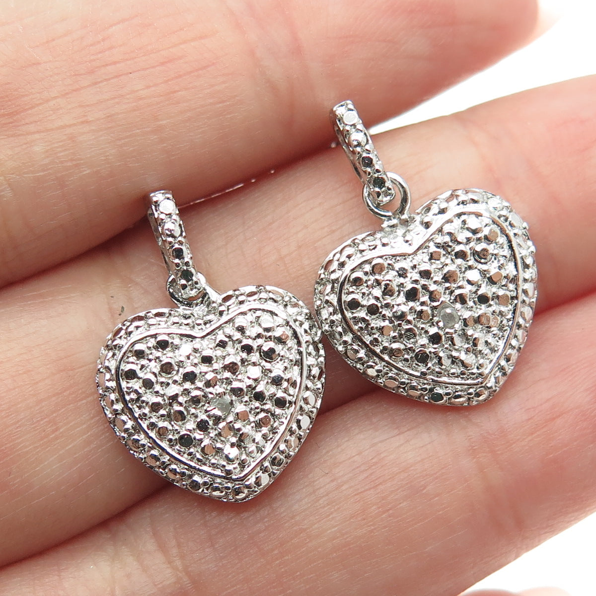 925 Sterling Silver Real Round-Cut Diamond Dangle Heart Earrings