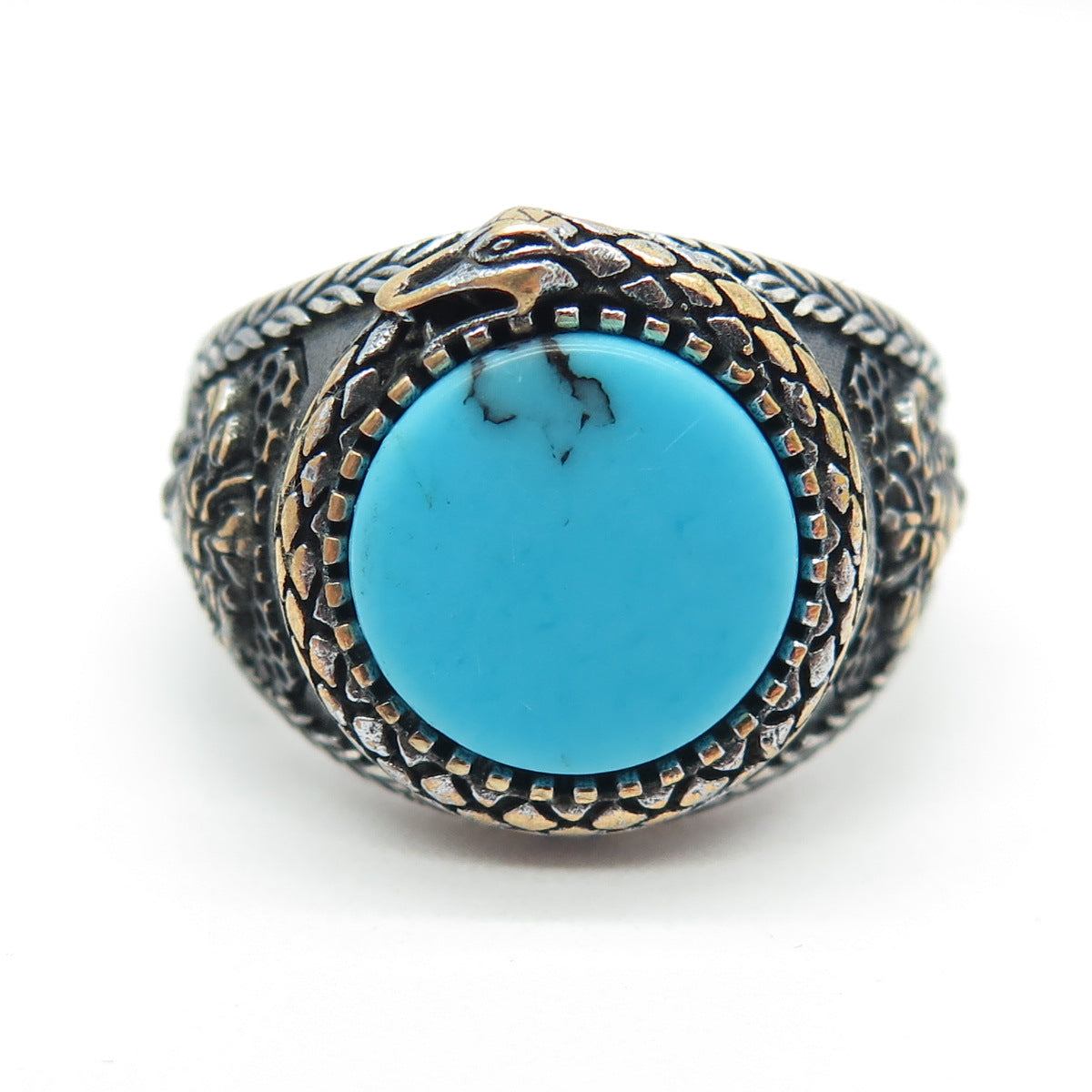 925 Sterling Silver 2-Tone Vintage Synthetic Turquoise Snake Ring Size 11.75