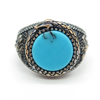 925 Sterling Silver 2-Tone Vintage Synthetic Turquoise Snake Ring Size 11.75