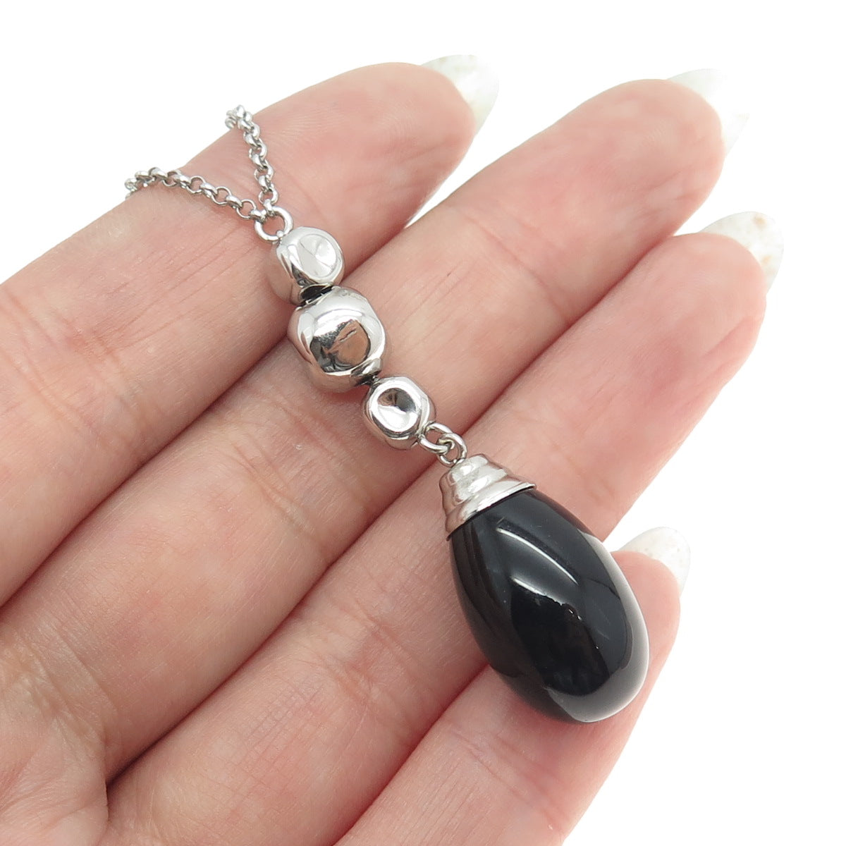 NOMINATION 925 Sterling Silver Real Black Onyx Gemstone Rolo Chain Necklace 18"