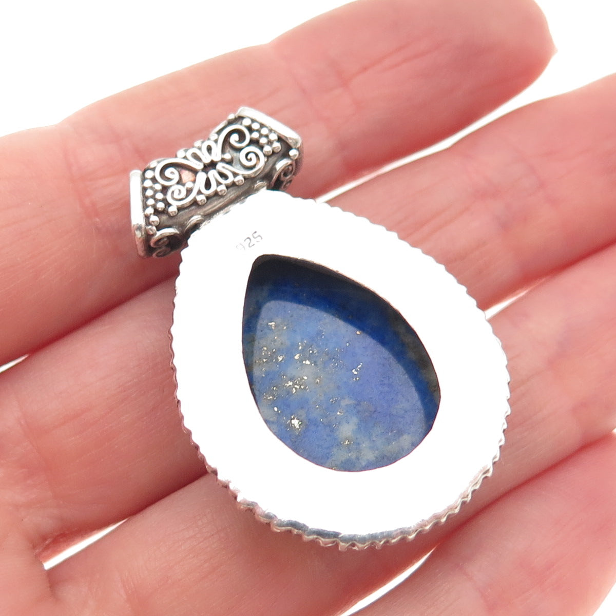 925 Sterling Silver Vintage Real Lapis Swirl Teardrop Oxidized Slide Pendant