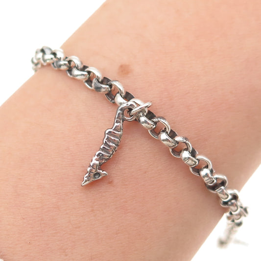 925 Sterling Vintage Italy Sun Star Flower Fish Seahorse Charm Bracelet 6.75"