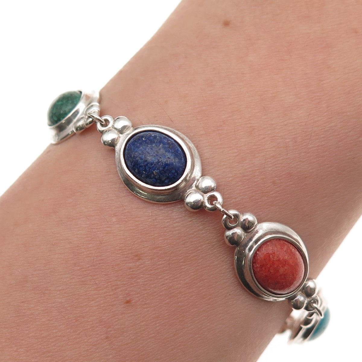 Coleman Co. 925 Sterling Silver Vintage Real Multi-Gem Inlay Bracelet 6.75"