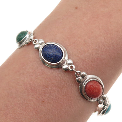 Coleman Co. 925 Sterling Silver Vintage Real Multi-Gem Inlay Bracelet 6.75"