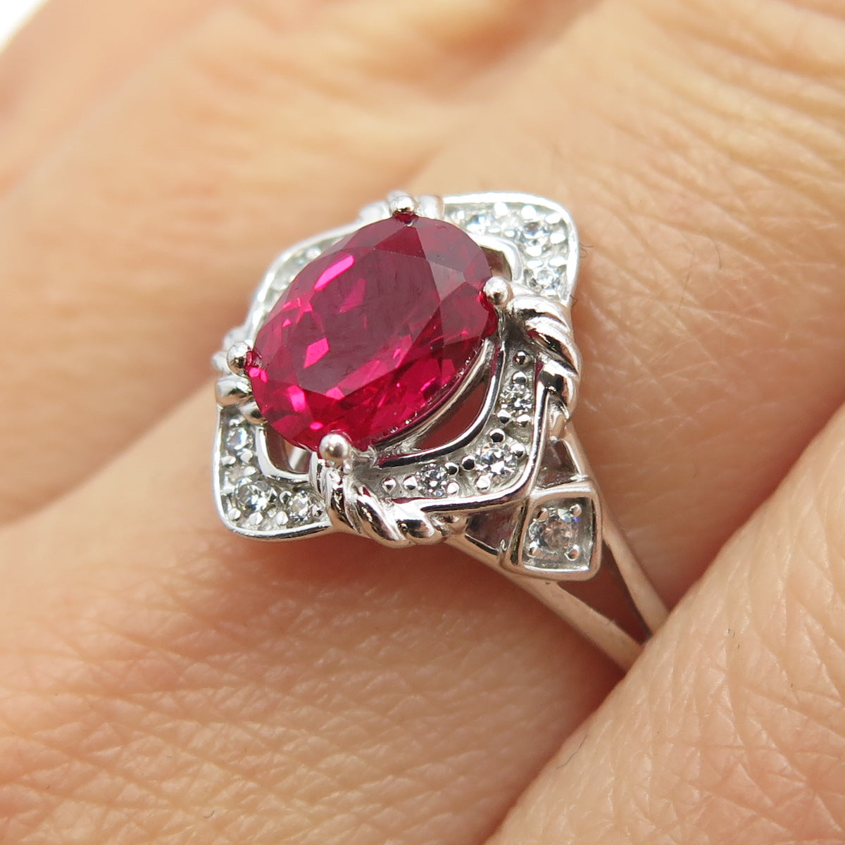 925 Sterling Silver Lab-Created Ruby & C Z Ring Size 7