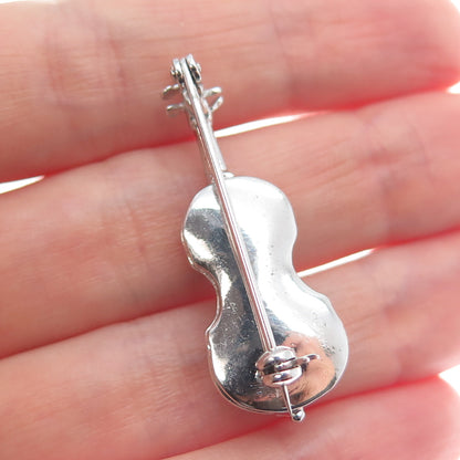 925 Sterling Silver Antique Art Deco Real Marcasite Gemstone Violin Pin Brooch
