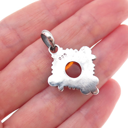 925 Sterling Silver Vintage Real Amber Beaded Oxidized Charm Pendant