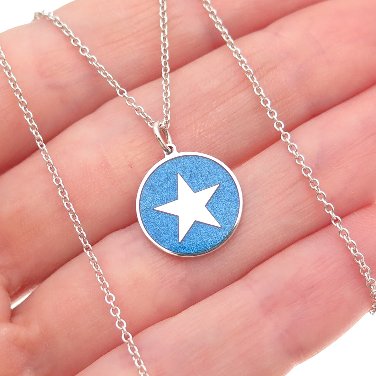 925 Sterling Silver Blue Enamel Star Round Tag Cable Chain Necklace 18"