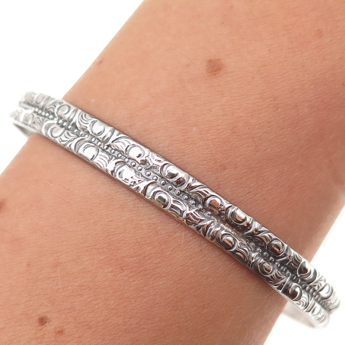 925 Sterling Silver Antique Art Deco Floral Scroll Bangle Bracelet 8.25"