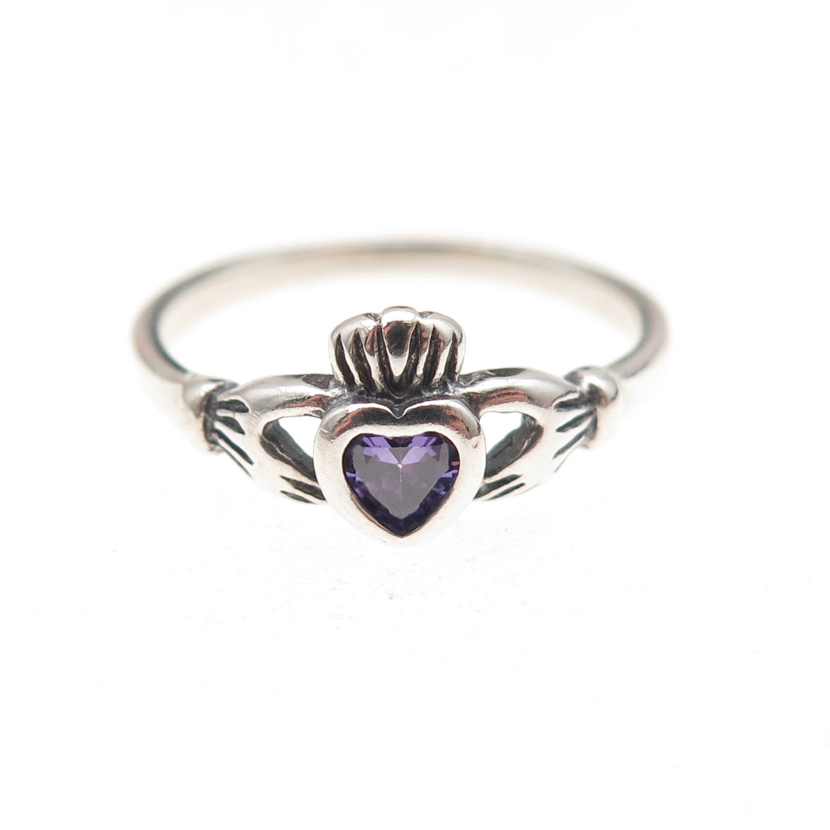 925 Sterling Silver Vintage Lavender C Z Irish Claddagh Oxidized Ring Size 5