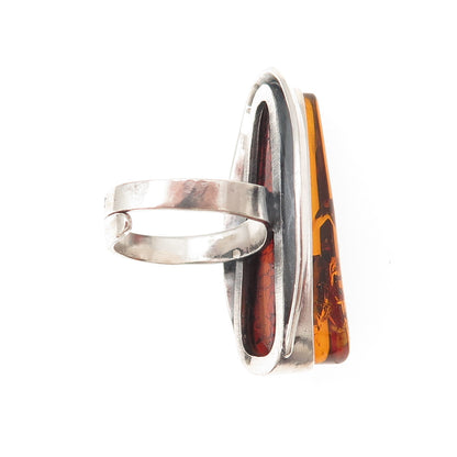 925 Sterling Vintage Poland Real Amber Modernist Adjustable Ring Size 6.75