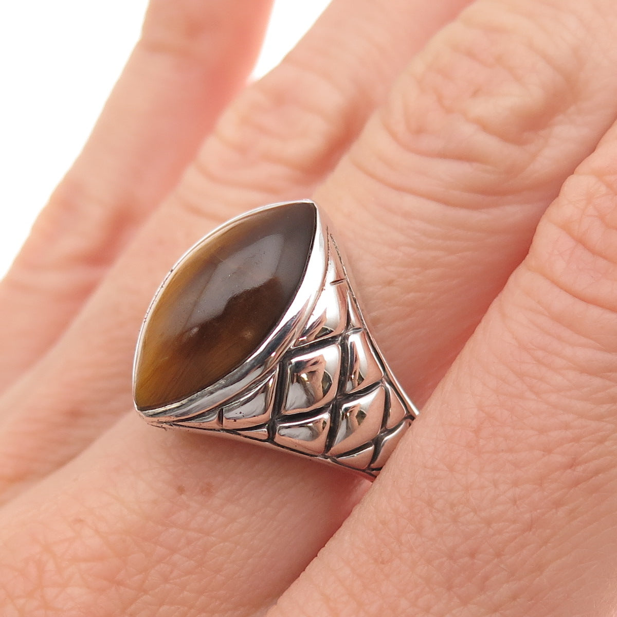 SX Sally C 925 Sterling Silver Vintage Real Tiger Eye Oxidized Ring Size 7