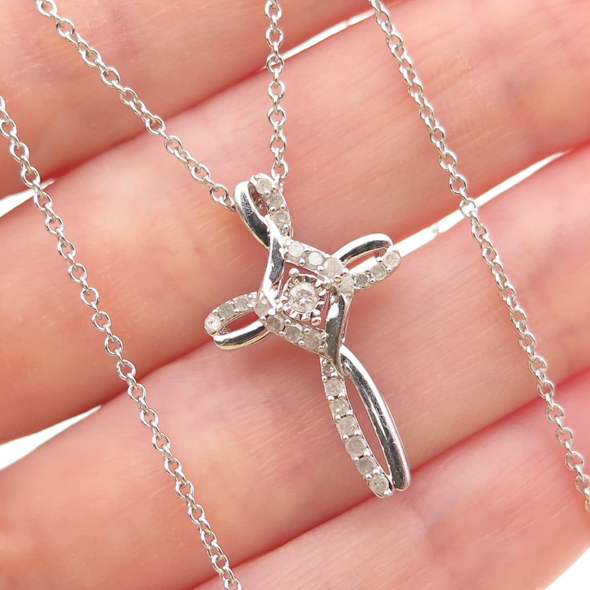 925 Sterling Silver Real Round-Cut Diamond Cross Cable Chain Necklace 18"