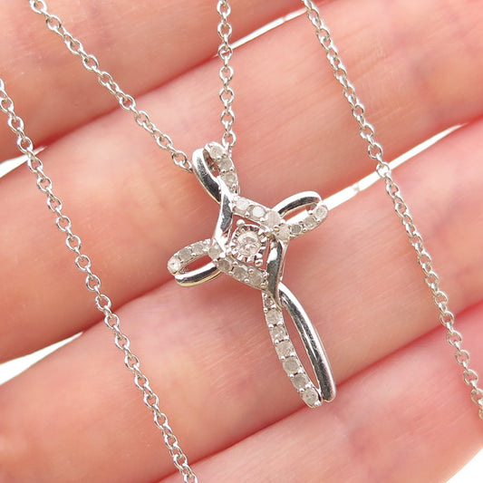 925 Sterling Silver Real Round-Cut Diamond Cross Cable Chain Necklace 18"