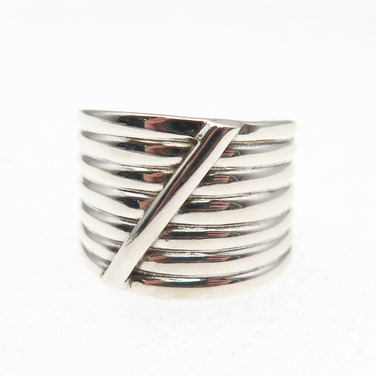 Leon 925 Sterling Silver Vintage Modernist Ribbed Adjustable Ring Size 7.25